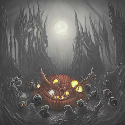 Prompt: pumpkin as a monster boss, fantasy art style, scary atmosphere, nightmare - like dream