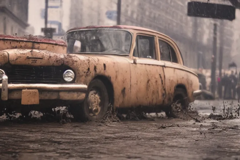 Prompt: street photography by saul leiter, in a muddy new york street, award winning photo of an ultra detailed intricate dirty vintage ford car speeding very fast on mud, fast shutter speed, motion blur, tiny gaussian blur, highly detailed, highly intricate, depth of field, trending on top gear