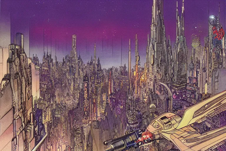 Image similar to fantasy illustration, Night City on Coruscant by m w kaluta