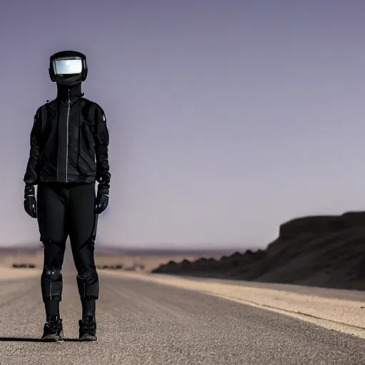 Image similar to photograph of a techwear woman, closeup, on a desert road with a futuristic city in the horizon, sigma 85mm f/1.4, 4k, depth of field, high resolution, 4k, 8k, hd, full color