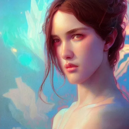 Image similar to beautiful, young woman, sad eyes, tears running down, vaporwave aesthetic, synthwave, digital painting, artstation, concept art, smooth, sharp focus, illustration, art by artgerm and greg rutkowski and alphonse mucha