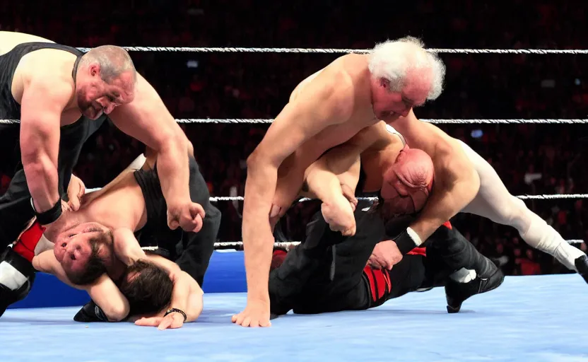 Prompt: Karl Marx performing german suplex on Friedrich Nietsche in 2014 WWE championship match, sports photo, Canon EOS 5D Mark 2, ƒ/5.6, focal length: 160.0 mm, Exposure time: 1/160, ISO: 1600