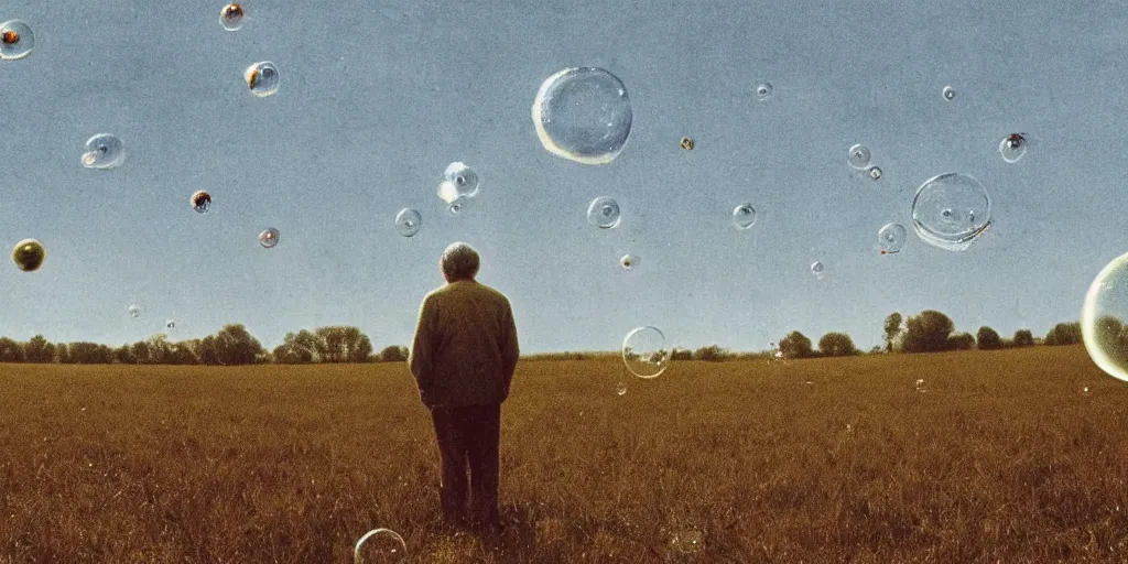 Image similar to an old man in a field looking at multiverse bubbles in the sky, scene from a stanley kubrick movie, in color