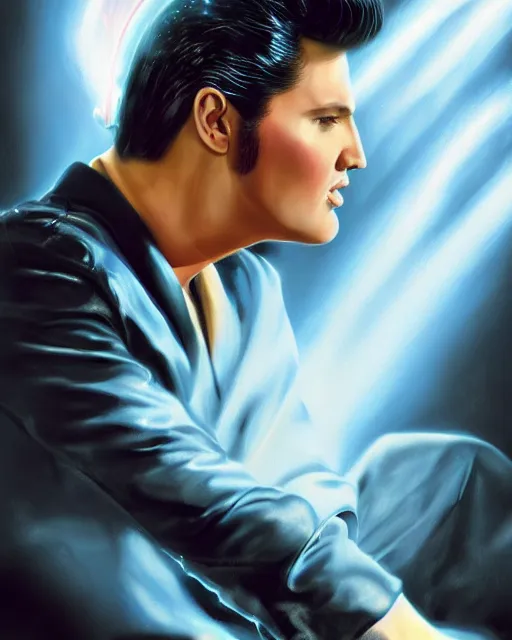 Image similar to a powerful energy elvis presley, by alexander fedosav, hyper detailed digital matte painting, concept art, hyperrealism, 1 6 k resolution, cinema 4 d, 8 k resolution, trending on artstation, behance hd, a masterpiece, by stephan martiniere, particles, power bright spotlight energy neon, by david a. hardy,