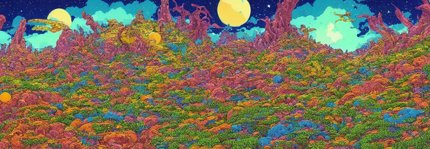 Prompt: beautiful landscape mural of an alien planet, lush landscape, vivid colors, intricate, highly detailed, masterful, fantasy world, in the style of moebius, akira toriyama, jean giraud