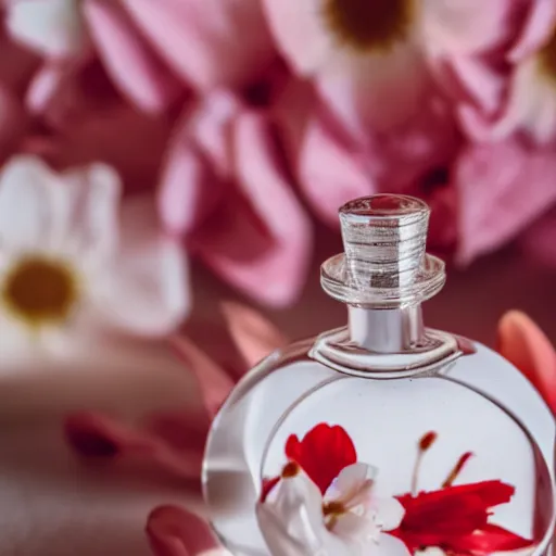 Image similar to perfume bottle sitting on a white surface surrounded by a plethora of red and white and peach flowers, bright white realistic, up close shot, white background, zen, light, modern minimalist f 2 0 blurry background