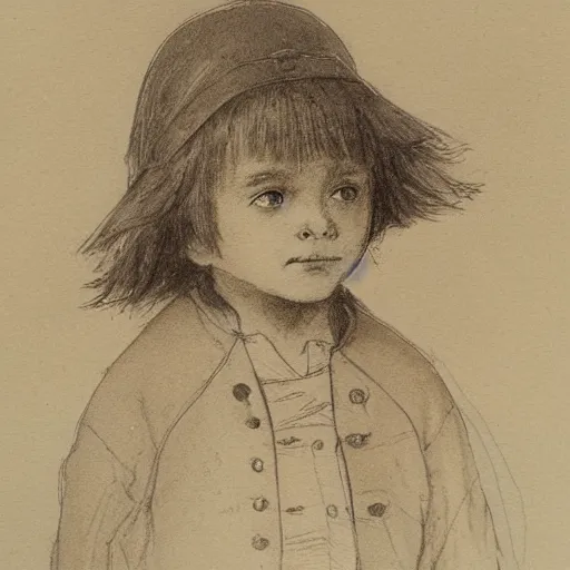 Image similar to portrait of a child standing and facing front looking strait ahead with a clear detailed face a muted color watercolor sketch of story book character ifrom the book Baltimore & Redingote by Jean-Baptiste Monge of an old man in the style of by Jean-Baptiste Monge that looks like its by Jean-Baptiste Monge and refencing Jean-Baptiste Monge