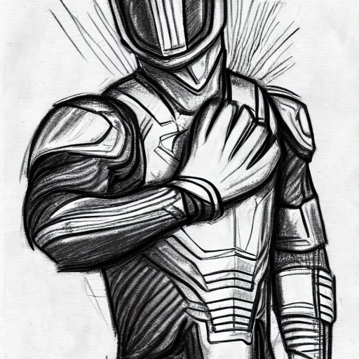 Image similar to simple quick pencil sketch storyboard, a man wearing futuristic sleek gauntlets, chest piece and helmet powers up as pulsing lines of energy swirl around him