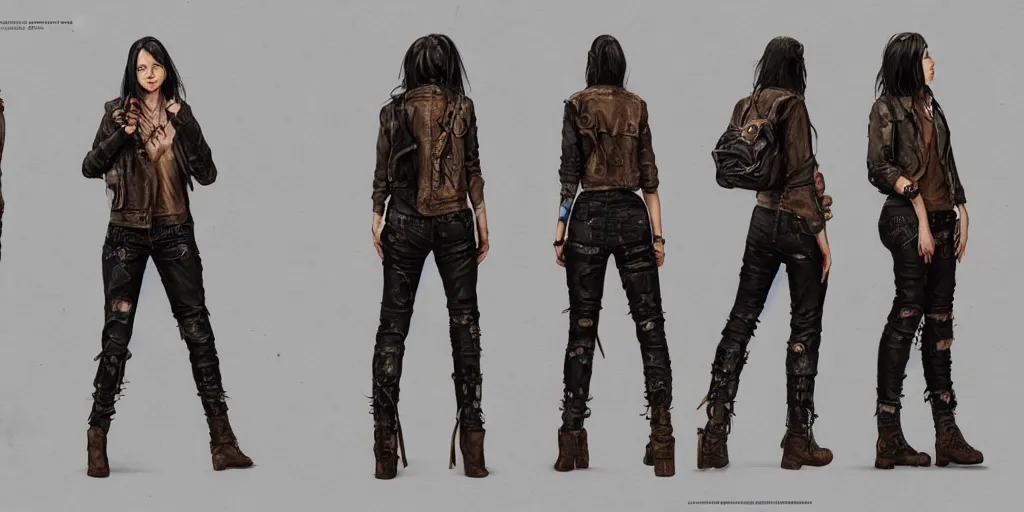 Image similar to female wanderer with tattooed arms and legs wearing an old scratched leather and ripped aviator leather jeans, wearing a short black jacket with rusty medals on it, character sheet, head details, props, concept design, contrast, kim jung gi, greg rutkowski, trending on artstation, 8 k, full body, turnaround, ultra wide angle, pincushion lens effect