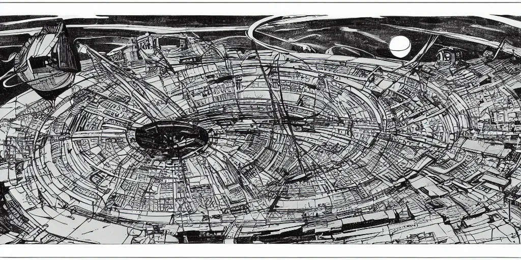 Image similar to architectural overview of a 1960 science fiction space port, drawn by James Joyce, in the style of Vaugaus