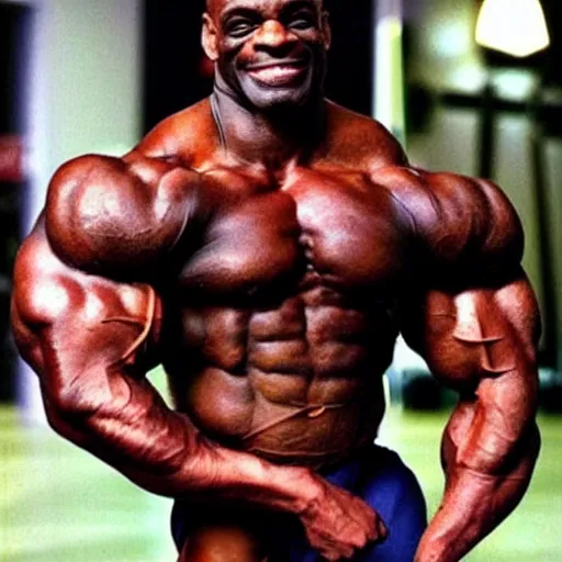 Image similar to ronnie coleman with ronnie coleman's physique as ronnie coleman in ronnie coleman's body, very muscular superhuman bodybuilder physique