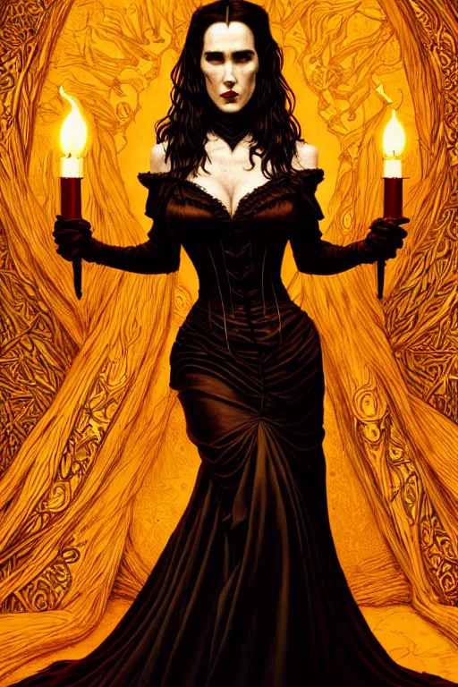 Prompt: jennifer connelly vampire queen, sharp fangs, blood, full body, intricate victorian dress, digital art, cinematic lighting, studio quality, symmetrical, artgerm, joshua middleton, rafael albuquerque, moody lighting, candles, art style by klimt, nixeu and ian sprigger and wlop and krenz cushart