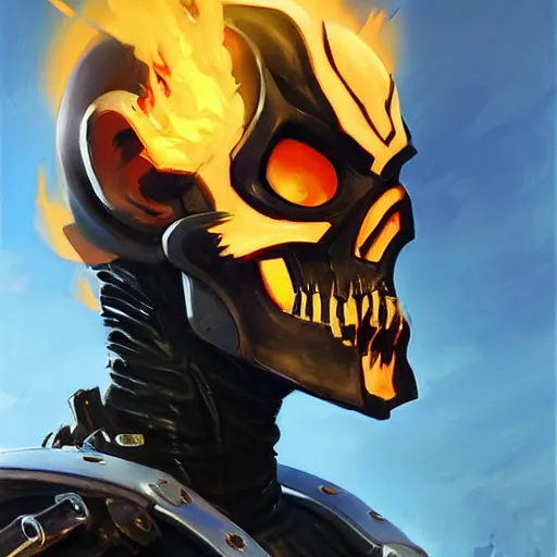 Image similar to greg manchess portrait painting of ghost rider as overwatch character, medium shot, asymmetrical, profile picture, organic painting, sunny day, matte painting, bold shapes, hard edges, street art, trending on artstation, by huang guangjian and gil elvgren and sachin teng