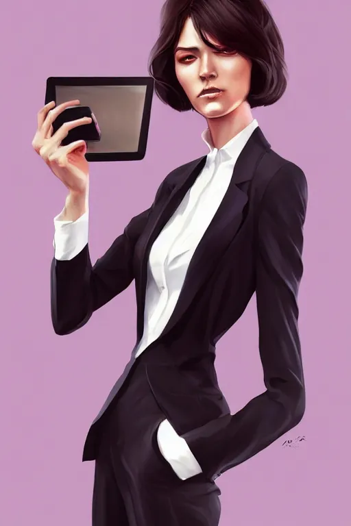 Image similar to a digital painting of a woman in a suit, a character portrait by artgerm, trending on artstation, fantasy art, ilya kuvshinov, artstation hd, artstation hq