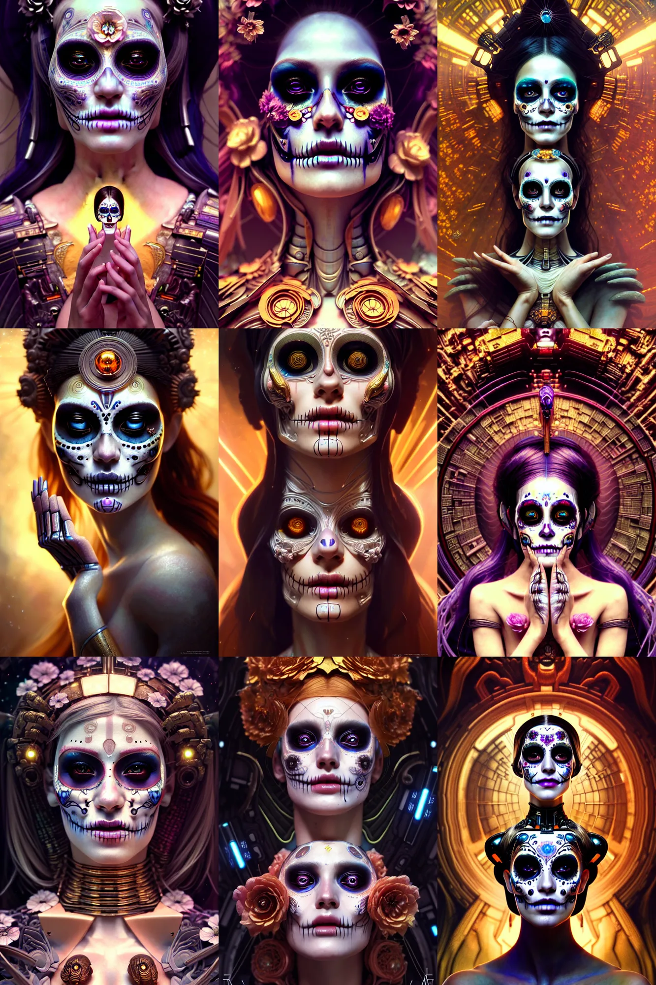 Prompt: beautiful crying android! woman deity. ethereal, elegant portrait, fantasy, blade runner, pose, photorealistic, interstellar, intricate detailed environment. ( el dia los muertos ), 8 k, hd. photo by terry o'neil and artgerm and greg rutkowski and alphonse mucha and loish and wlop