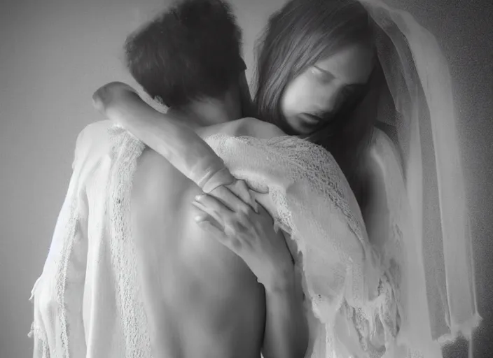 Image similar to married couple, jesus hugging a woman, spirit hugs, in style of paolo roversi, britt marling style 3 / 4, a beautiful ethereal lace white robe, 8 k, soft focus, soft light, volumetric lighting, highly detailed realistic, refined, highly detailed, natural outdoor soft pastel lighting colors scheme