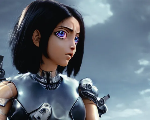 Prompt: battle angel alita, film still, photorealistic, lifelike, cinematic lighting, high detail, high resolution