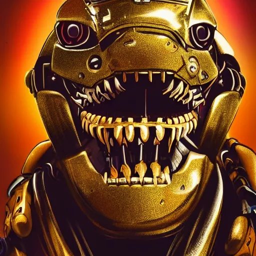 Image similar to hyper-realistic detailed portrait photograph, mid shot, gangster robot mecha dinosaur with a single gold tooth, cyberpunk