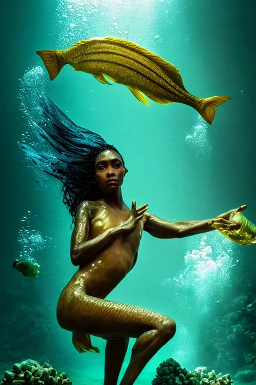 Image similar to hyperrealistic cinematic half underwater scene with fish and algae, very expressive! translucent elegant african goddess getting out of water, gold jewerly, highly detailed face, digital art masterpiece, aykut aydogdu zener, dramatic volumetric light, long shot, low angle uhd 8 k, sharp focus