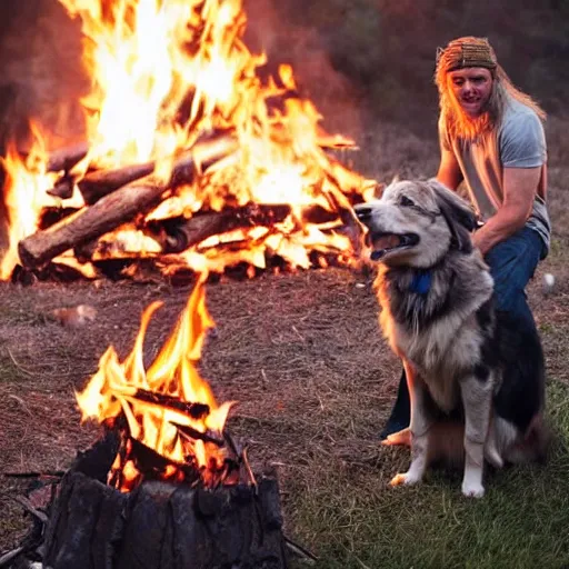 Image similar to picture of a hillbilly with long blonde hair with his australian shepherd around a bonfire