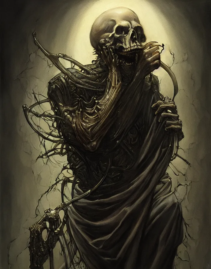 Prompt: death himself, physically accurate, moody dynamic lighting, very very intricate, very very elegant, highly detailed, digital painting, artstation, HR GIGER, Hieronymus Bosch, Francis Bacon, concept art, smooth, very beautiful, sharp focus, illustration, art by artgerm and greg rutkowski and alphonse mucha