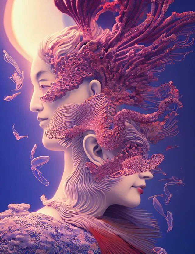 Image similar to 3 d goddess close - up profile portrait. beautiful intricately detailed japanese autumn fox mask and clasical japanese kimono. betta fish, jellyfish phoenix, bio luminescent, plasma, ice, water, wind, creature, artwork by tooth wu and wlop and beeple and greg rutkowski