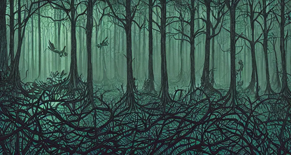 Image similar to A dense and dark enchanted forest with a swamp, by Dan mumford,