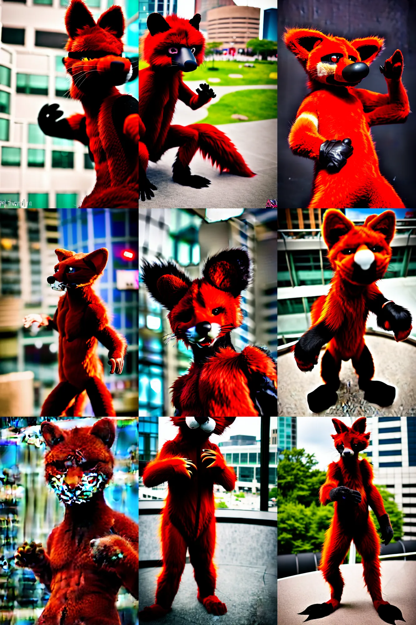 Prompt: photo of a fursuiter posing | | fullbody photoshoot photo portrait of a cute roguish male red - black furred weasel furry fursuiter ( tail attached ), key visual, taken at anthrocon ( furry convention )