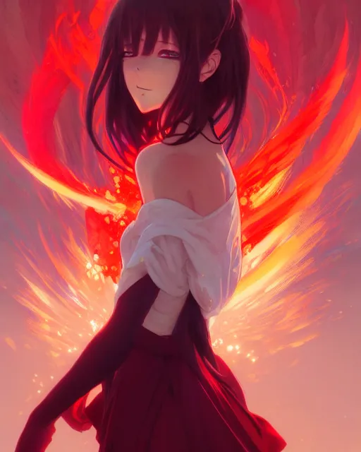 Image similar to beautiful anime girl, lake, red, flames everywhere, highly detailed, digital painting, artstation, concept art, smooth, sharp focus, illustration, art by artgerm and greg rutkowski and alphonse mucha