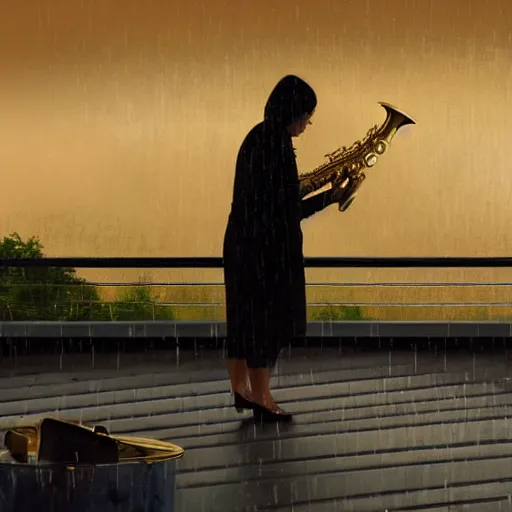 Image similar to a woman playing the saxophone on the roof of a building while it's raining, paint, golden hour