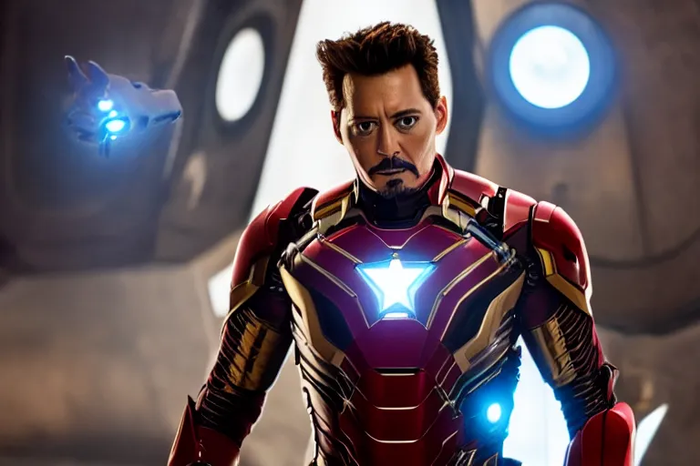 Image similar to film still of Johnny Depp as Tony Stark in new avengers movie, 4k