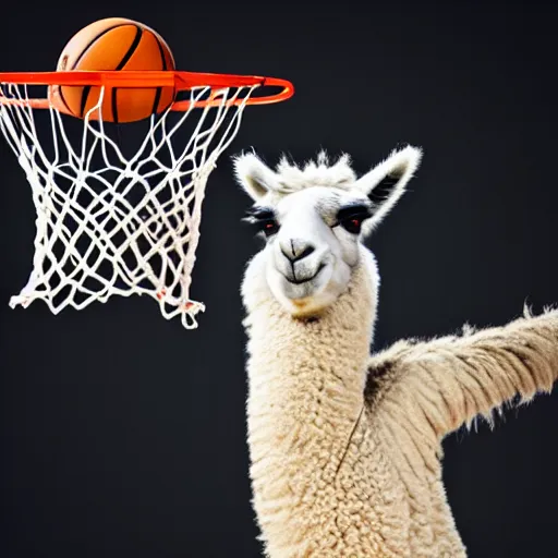 Prompt: a photo of a llama dunking a basketball, 4 k, photography, high resolution