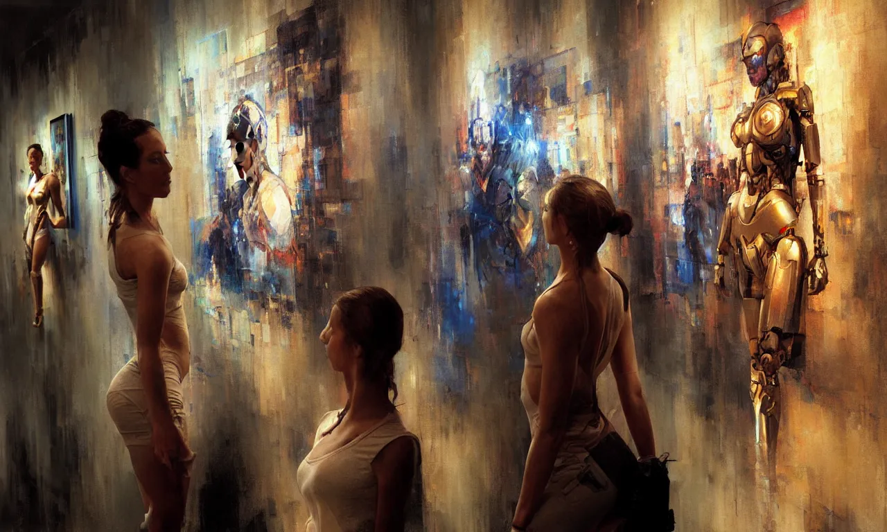 Prompt: photorealistic painting by craig mullins. a cyborg in an art gallery looking at a painting of a beautiful woman staring back at the cyborg. intricate details