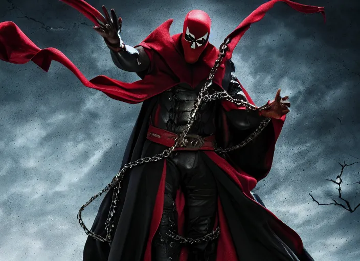 Image similar to film still of jamie foxx as spawn in the new spawn movie, giant chains, large cape, 8 k