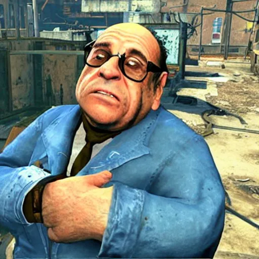 Prompt: in-game screenshot of Danny Devito in Fallout 4 (2015)