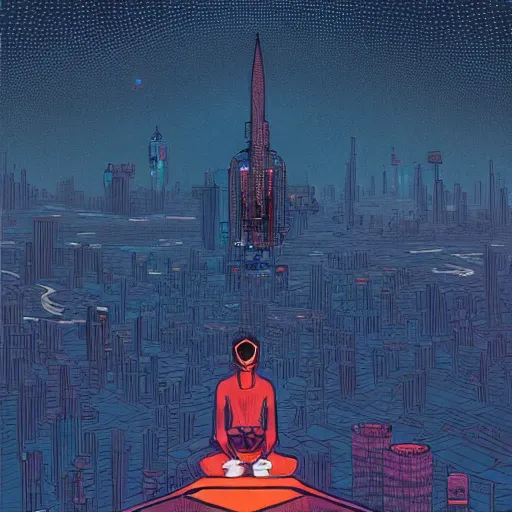 Image similar to Stunningly intricate illustration of a cyberpunk explorer meditating next to a floating triangular glowing monolith, highly detailed, midnight, by Victo Ngai and James Gilleard , Moebius, Laurie Greasley file:///Volumes/1TB_WD/photoshop/bing%20character%20related%20stuff/bing%20-%20logo%20character%20-%20pixelated/BING_COMMISSION%20NO%20BG.png