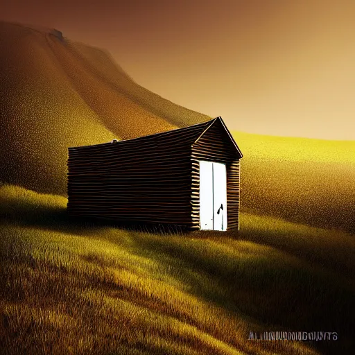 Image similar to a cabin on a hilltop, by alex andreev, landscape, high contrast, digital