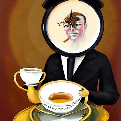 Image similar to a clockwork butler holding a plate of tea cups, steam punk, painting.