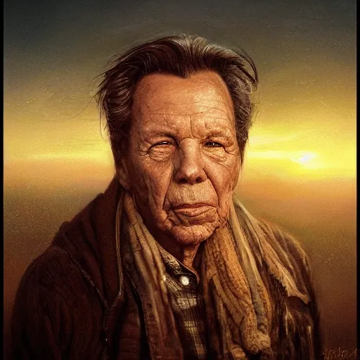Prompt: portrait of elderly mickey rourke, sunset, gorgeous view, depth, painted by seb mckinnon, high detail, digital art, painted by greg rutkowski, trending on artstation