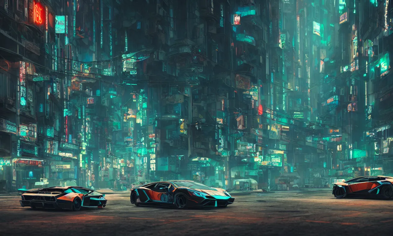 Prompt: insanely moody cinematic render of a lamborghini on cyberpunk city, teal and orange colors, vaporwave, photorealism, cinema still, photography, octane 3 d, vray render, insane details, 8 k high definition, artstation