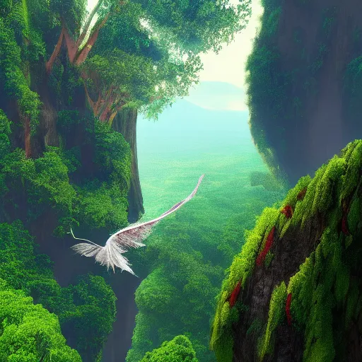 Prompt: a feather dragon flying over high cliffs and jungles with large trees and vines, fantasy, 8k, realistic