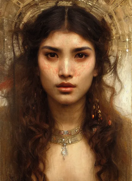 Prompt: beautifull asian cyborg broken head bangs curly Iranian orientalist portrait by john william waterhouse and Edwin Longsden Long and Theodore Ralli and Nasreddine Dinet, oil on canvas. Cinematic, hyper realism, dramatic lighting, high detail 4k