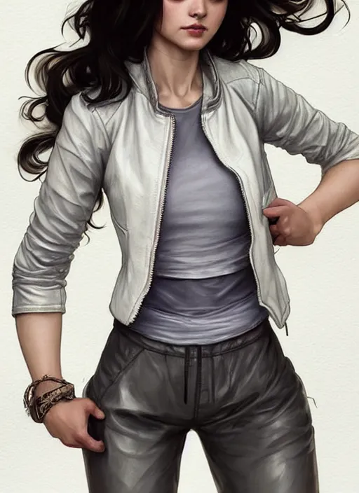 Image similar to girl in very short white! top and very short gray! leather jacket, open belly, long dark curly hair, high waist sweatpants, intricate, elegant, highly detailed, digital painting, artstation, concept art, smooth, illustration, art by artgerm and greg rutkowski and alphonse mucha