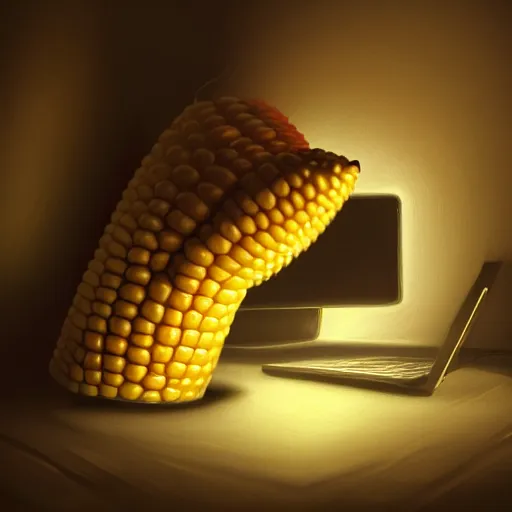 Image similar to Anthropomorphic corn cob using computer in a dark room, face illuminated, hyperrealistic, artstation, 8k, concept art, very detailed, hd, digital painting, shadows, dimly lit, dramatic lighting