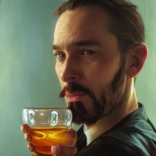 Image similar to portrait painting of john carmac drinking tequilla, ultra realistic, concept art, intricate details, serious, highly detailed, photorealistic, octane render, 8 k, unreal engine. art by artgerm and greg rutk owski and alphonse mucha