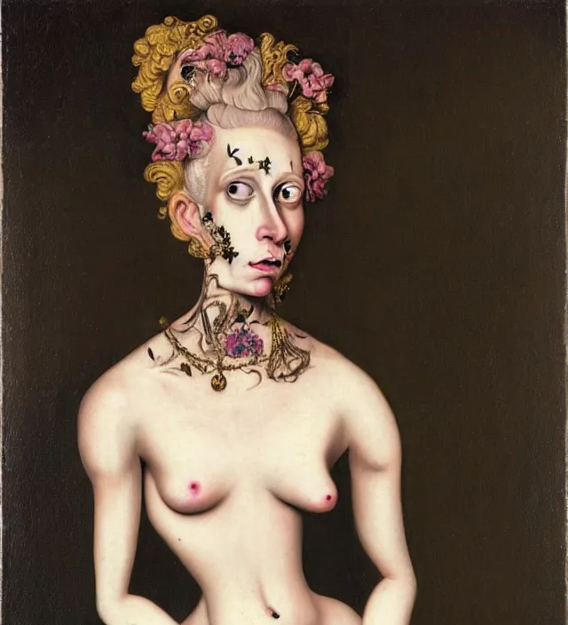 Image similar to baroque portrait of a blonde princess of porceline skin, full body floral tattoos, by francis bacon