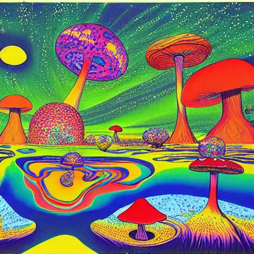 Image similar to psychedelic trippy couch in the lush forest, planets, flowers, mushrooms milky way, sofa, cartoon by carl barks and eric carle