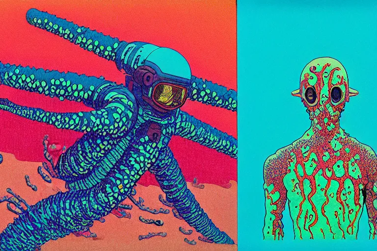 Image similar to risograph grainy drawing vintage sci - fi, satoshi kon color palette, gigantic gundam full - body covered in iridescent dead coral reef 1 9 6 0, kodak, with lot tentacles, natural colors, codex seraphinianus painting by moebius and satoshi kon and dirk dzimirsky close - up portrait