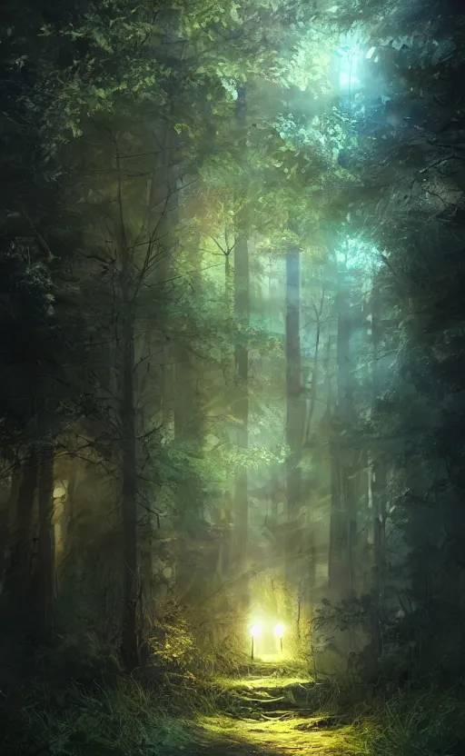 Image similar to a door opening with an ambient light in the forest at night, dynamic lighting, photorealistic fantasy concept, trending on art station stunning, stunning visuals, creative, cinematic, ultra detailed