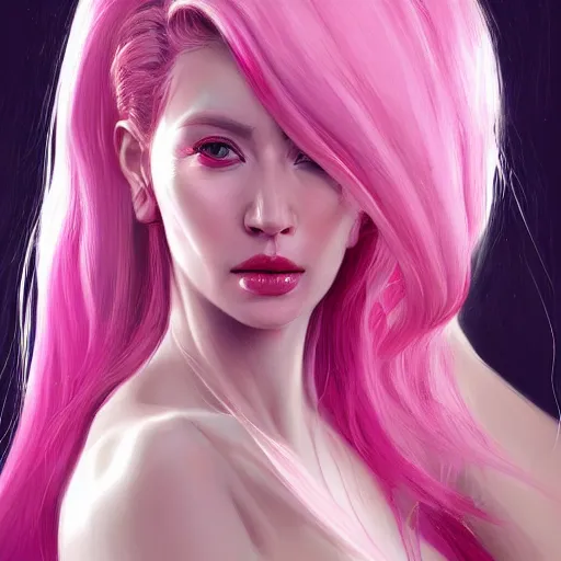 Image similar to a portrait of a beautiful woman with pink hair insane quality, elegant, highly detailed, digital painting, artstation, concept art, pop, smooth, sharp focus, illustration, art by dali 3 d 8 k ultra detailed